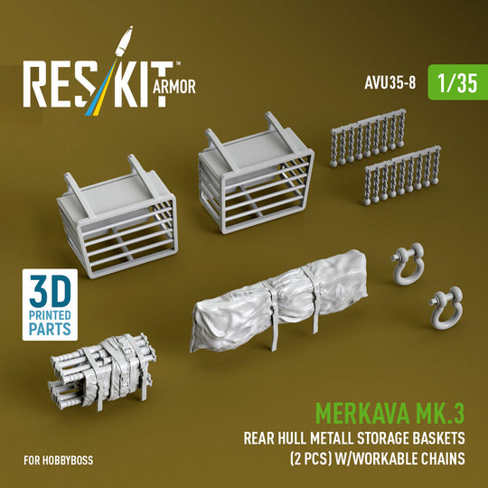 Merkava Mk.3 rear hull metall storage baskets (2 pcs) w/workable chains for HobbyBoss kit (3D Printed)