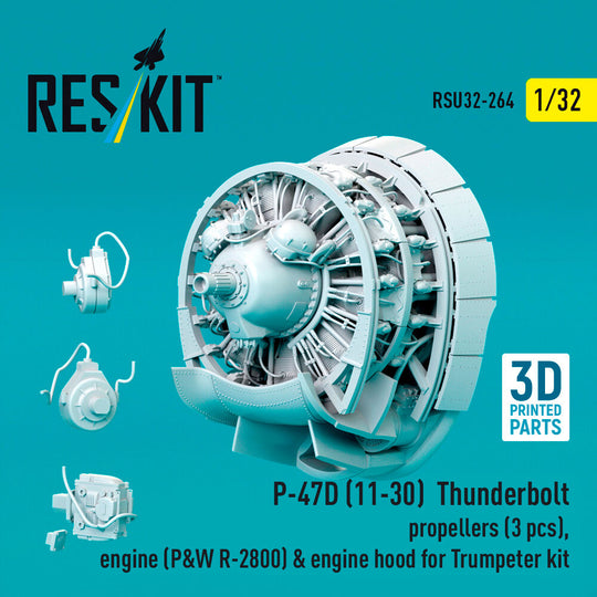 P-47D (11-30) Thunderbolt propellers (3 pcs), engine (P&W R-2800) & engine hood (3D Printed) for Trumpeter
