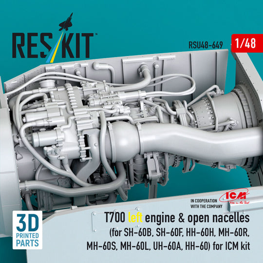 T700 left engine & open nacelles (for SH-60B, SH-60F, HH-60H, MH-60R, MH-60S, MH-60L, UH-60A, HH-60) (3D Printed) for ICM
