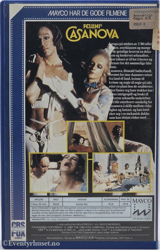 Fellini's Casanova (1976). VHS Big Box.