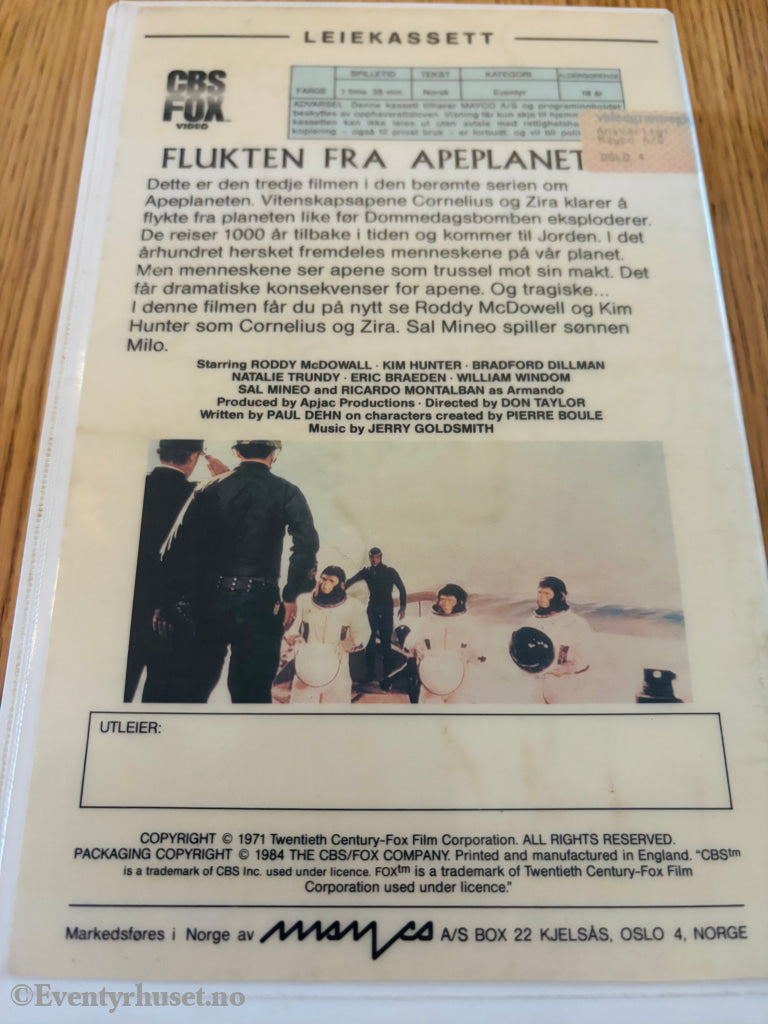 Flukten fra Apeplaneten. VHS Big Box.