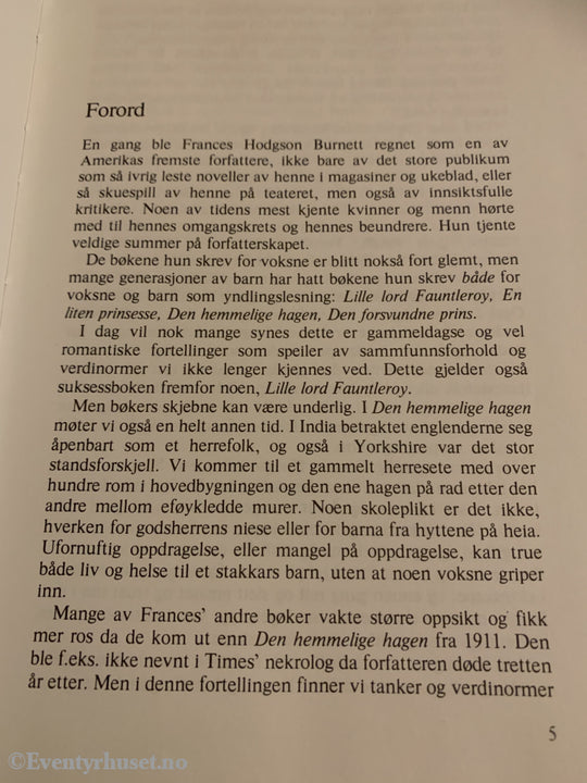 Frances Hodgson Burnett. 1911/78. Hemmelige Hagen. Fortelling