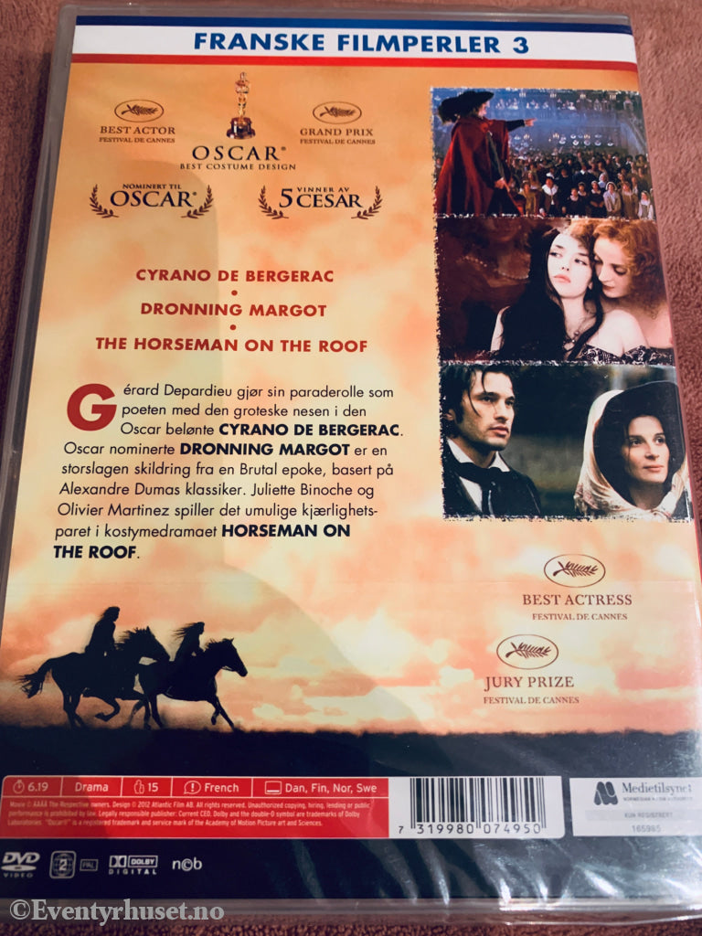 Franske Filmperler 3: Cyrano de Bergerac (1990), Dronning Margot (1994), The Horseman on the Roof (1995). DVD samleboks. Ny i plast!