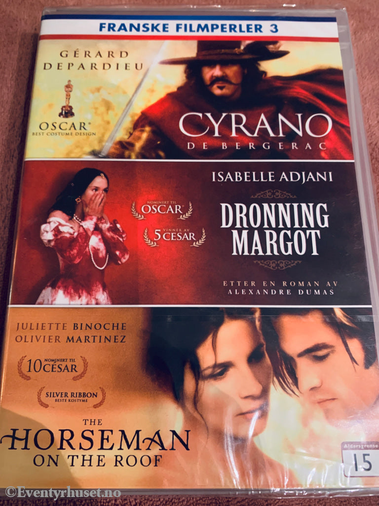 Franske Filmperler 3: Cyrano de Bergerac (1990), Dronning Margot (1994), The Horseman on the Roof (1995). DVD samleboks. Ny i plast!