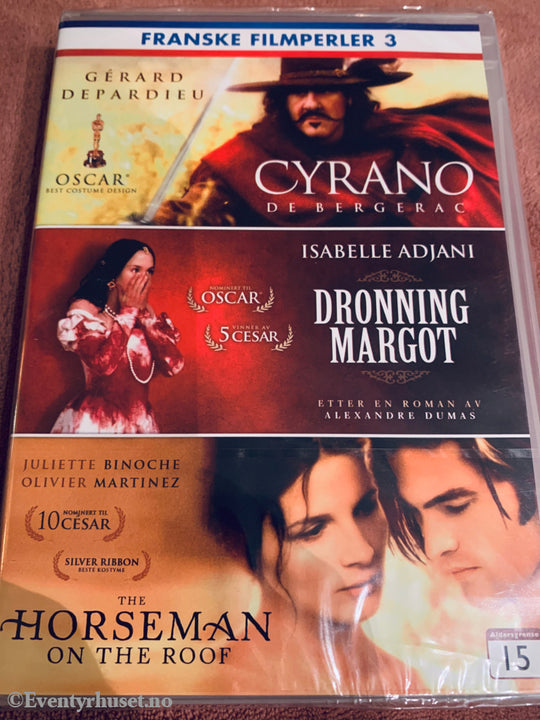 Franske Filmperler 3: Cyrano de Bergerac (1990), Dronning Margot (1994), The Horseman on the Roof (1995). DVD samleboks. Ny i plast!