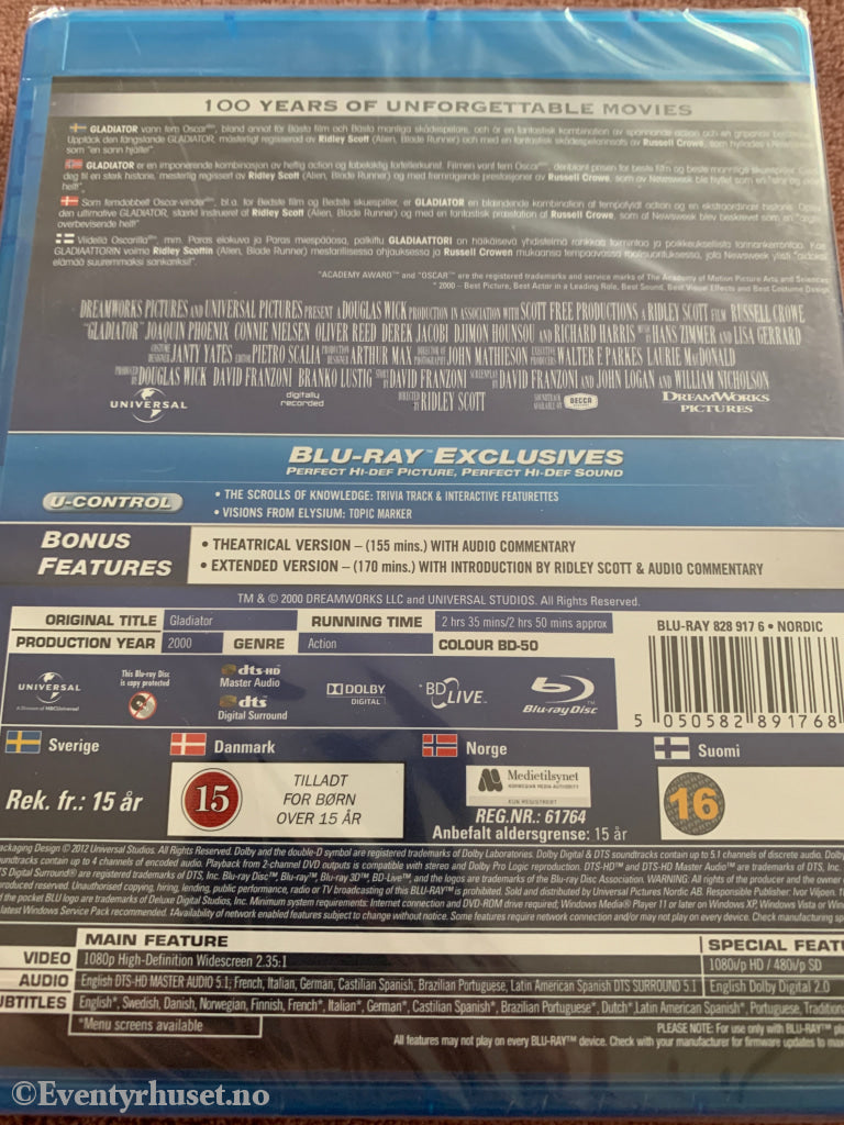 Gladiator samlerutgave. 2000. Blu-ray. Ny i plast! Blu-ray Disc