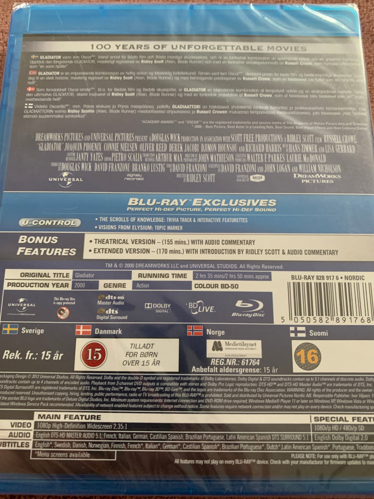 Gladiator samlerutgave. 2000. Blu-ray. Ny i plast! Blu-ray Disc