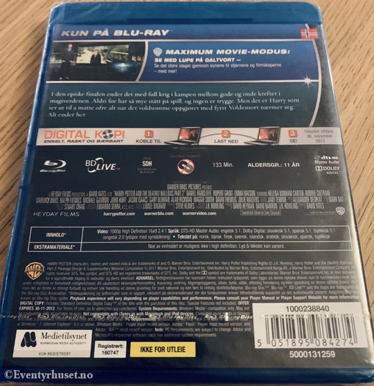 Harry Potter Og Dødstalismanene. Del 2. Blu-Ray Ny I Plast! Blu-Ray Disc