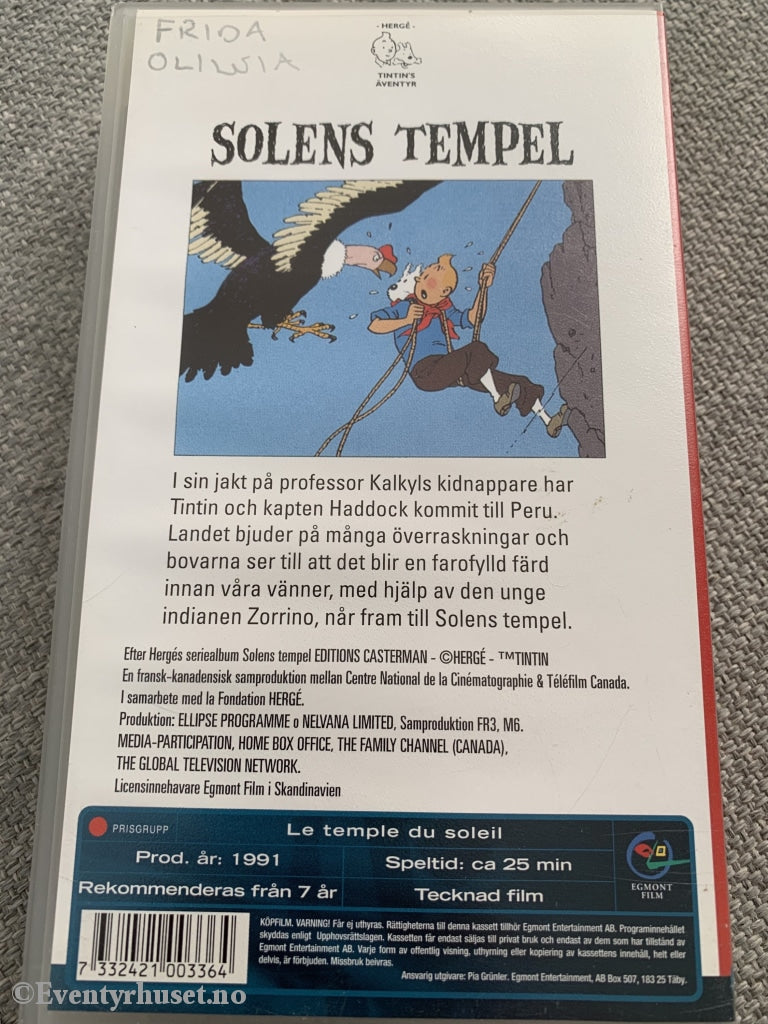 Hergé: Tintin. Solens Tempel. 1991. Vhs. Svensk Tale. Vhs