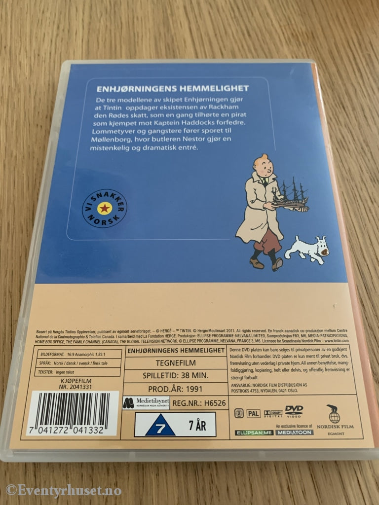 Hergé. Tintins Opplevelser. Enhjørningens Hemmelighet. 1991. Dvd. Dvd