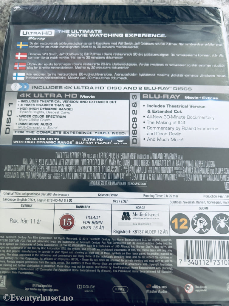 Independence Day (20th Anniversary Edition). 1996. 4K Ultra HD + Blu-ray.