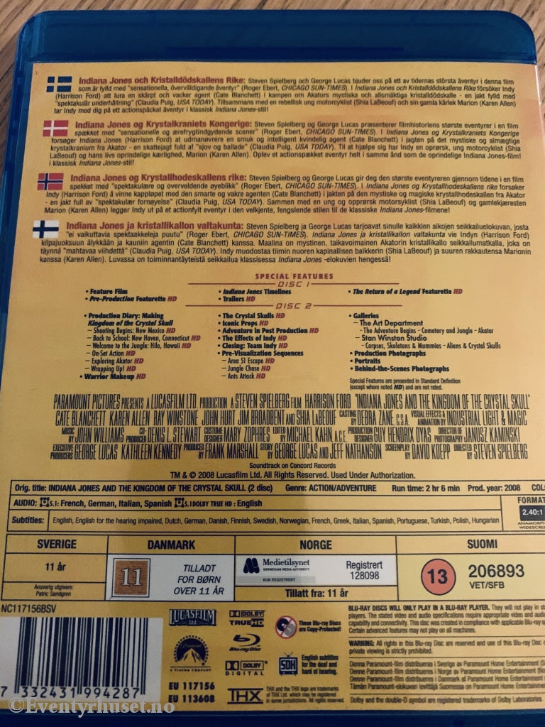 Indiana Jones & The Kingdom Of Crystal Skull. Spesialversjon (Krystallhodeskallens Rike). Blu Ray.
