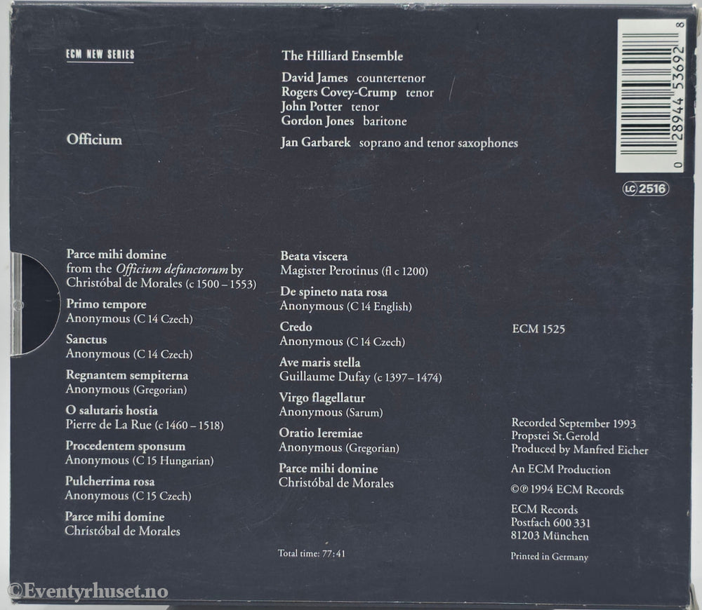 Jan Garbarek & The Hilliard Ensemble. 1994. Officium. CD.