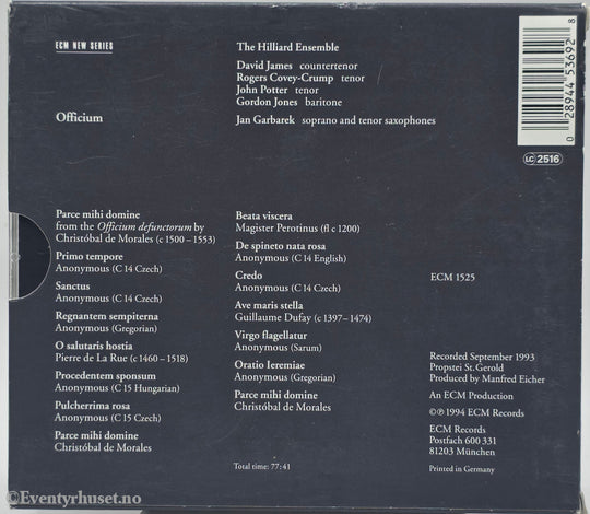 Jan Garbarek & The Hilliard Ensemble. 1994. Officium. CD.