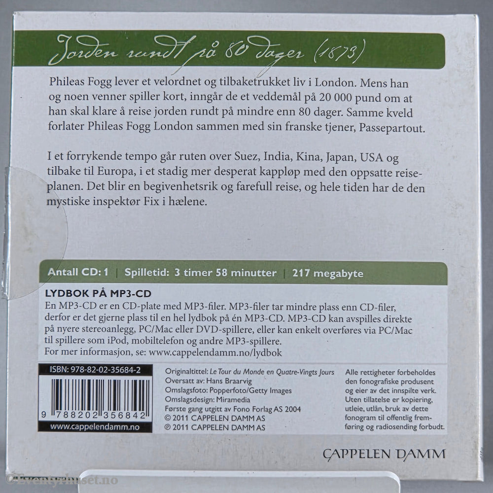 Jules Verne 1873 Jorden rundt på 80 dager. Lydbok på CD.
