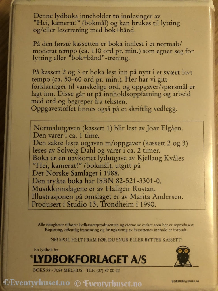 Kjellhaug Kvåle. 1990. Hei Kamerat! Lydbok På 3 X Kassett. Kassettbok