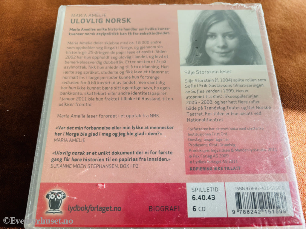 Maria Amelie Ulovlig Norsk. Lydbok på CD. Ny i plast!