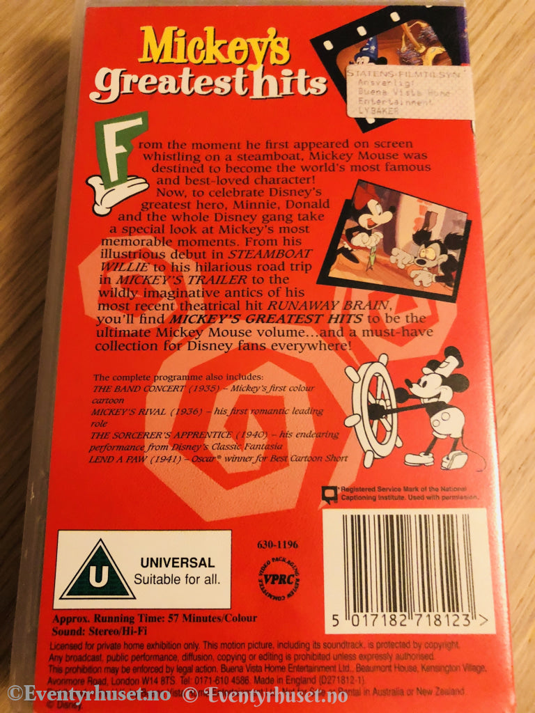 Mickeys Greatest Hits. Vhs. Engelsk Tale / Solgt I Norge. Vhs