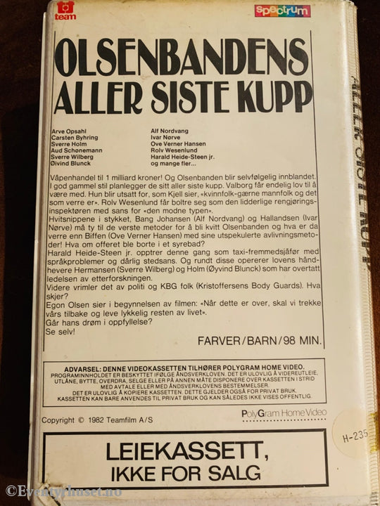 Olsenbanden Nr. 12. Olsenbandens Aller Siste Kupp. 1982. Vhs Big Box.