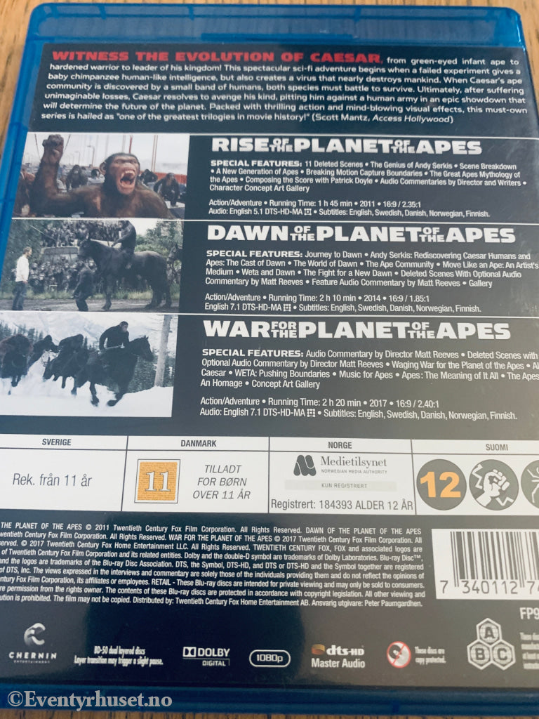 Planet of the Apes Trilogy (2011–2017). Blu-Ray.