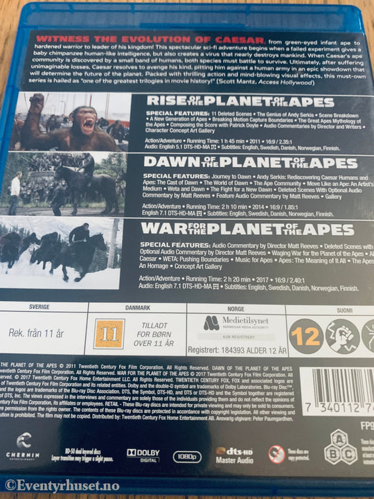Planet of the Apes Trilogy (2011–2017). Blu-Ray.