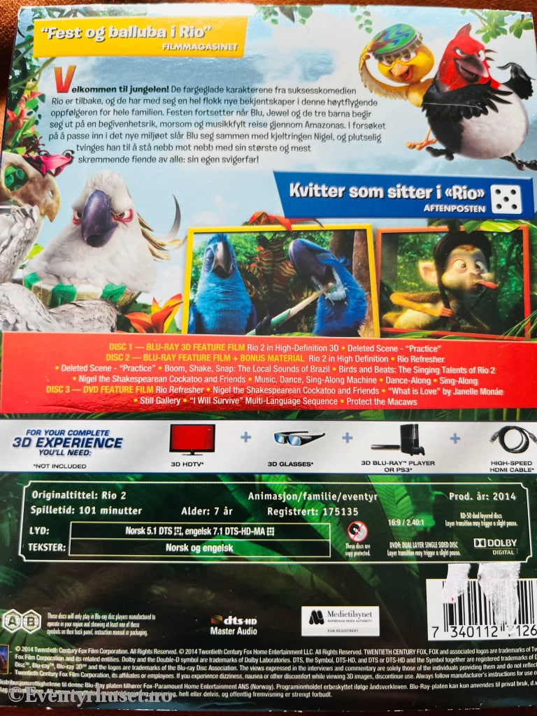 Rio 2 3D. Blu-Ray Slipcase. Blu-Ray Disc