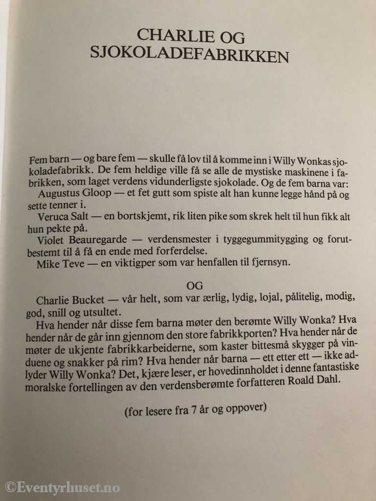 Roald Dahl. 1964/1985. Charlie Og Sjokoladefabrikken. Fortelling