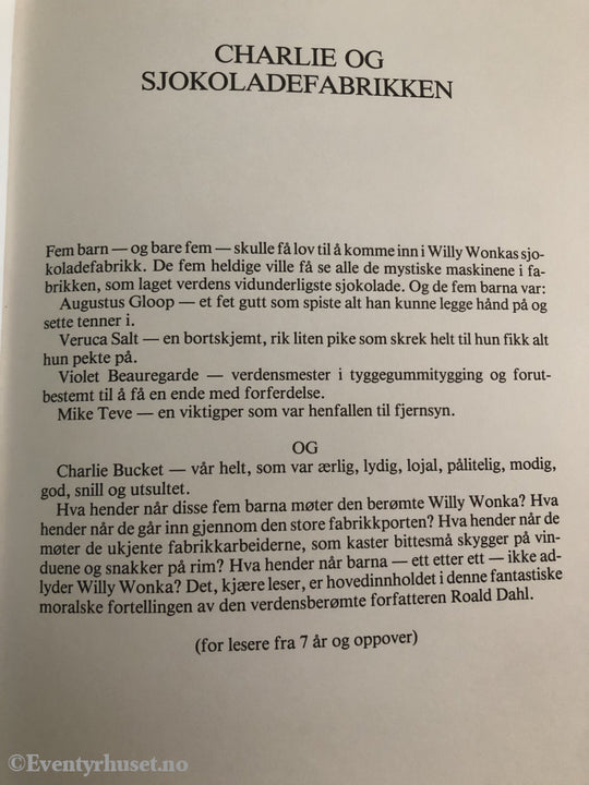 Roald Dahl. 1964/1985. Charlie Og Sjokoladefabrikken. Fortelling