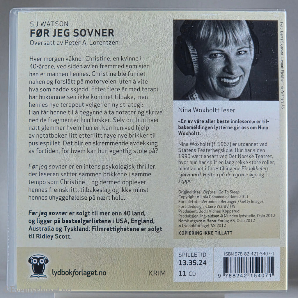 S.J. Watson 2011 Før jeg sovner. Lydbok på CD.