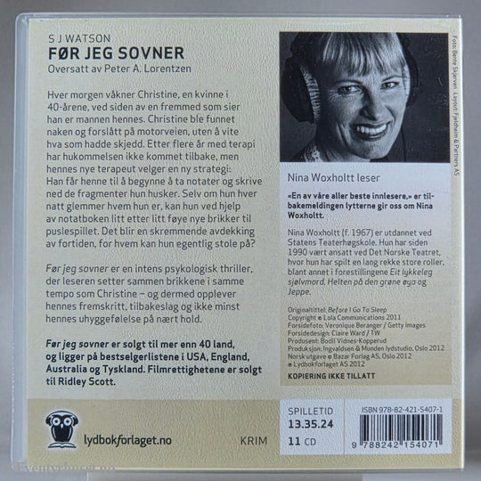 S.J. Watson 2011 Før jeg sovner. Lydbok på CD.