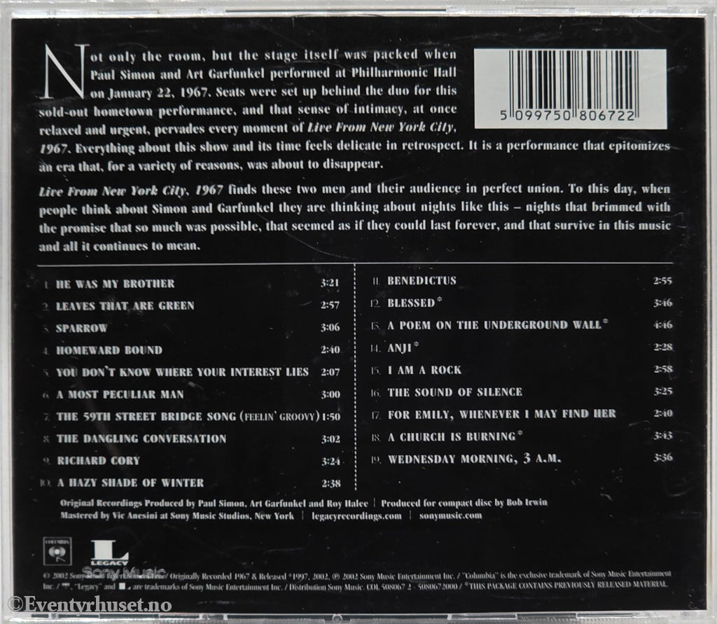 Simon & Garfunkel, 2002, Live From New York City, 1967. Musikk-CD.