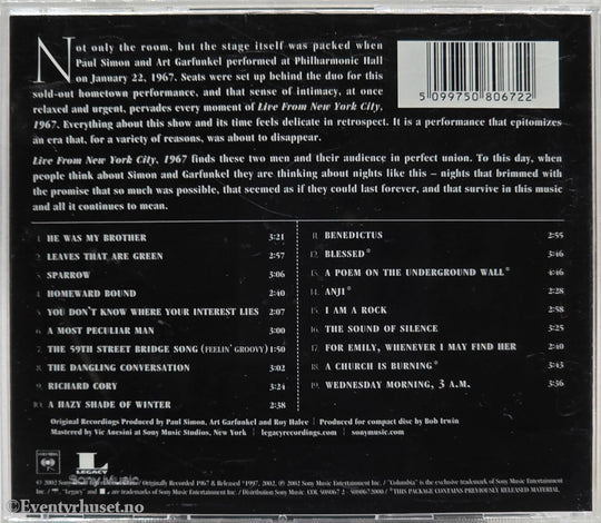 Simon & Garfunkel, 2002, Live From New York City, 1967. Musikk-CD.
