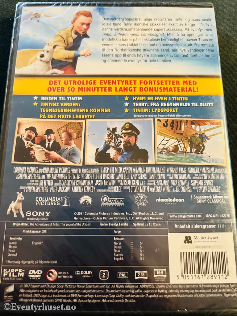 Steven Spielberg. På Eventyr Med Tintin. Enhjørningens Hemmelighet. 2011. Dvd. Ny I Plast! Dvd