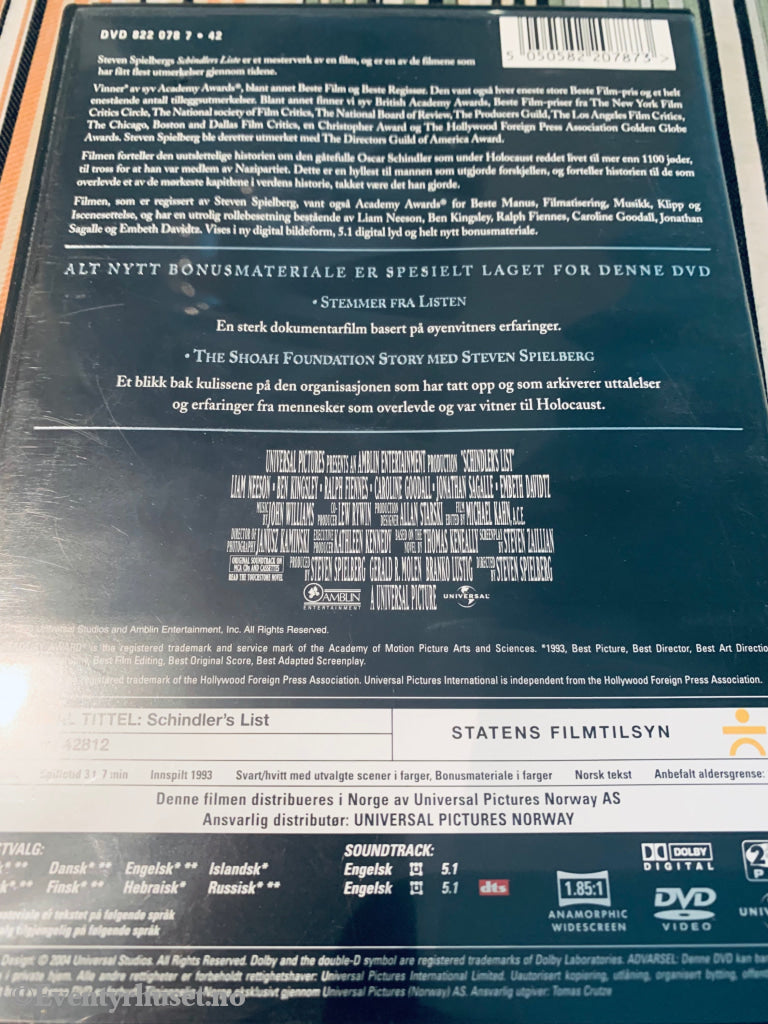 Steven Spielberg´s Schindler´s List. 1993. Dvd. Dvd