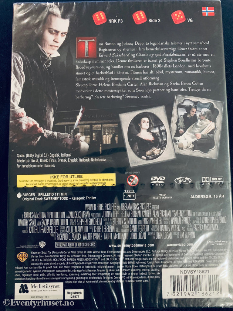 Sweeney Todd. 2007. Dvd Slipcase. Ny I Plast!