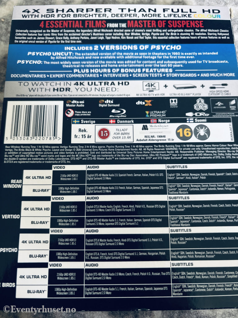 The Alfred Hitchcock Classics Collection (Rear Window, Vertigo, Psycho, The Birds). 1954–1963. 4K Ultra HD + Blu-ray. Samleboks.