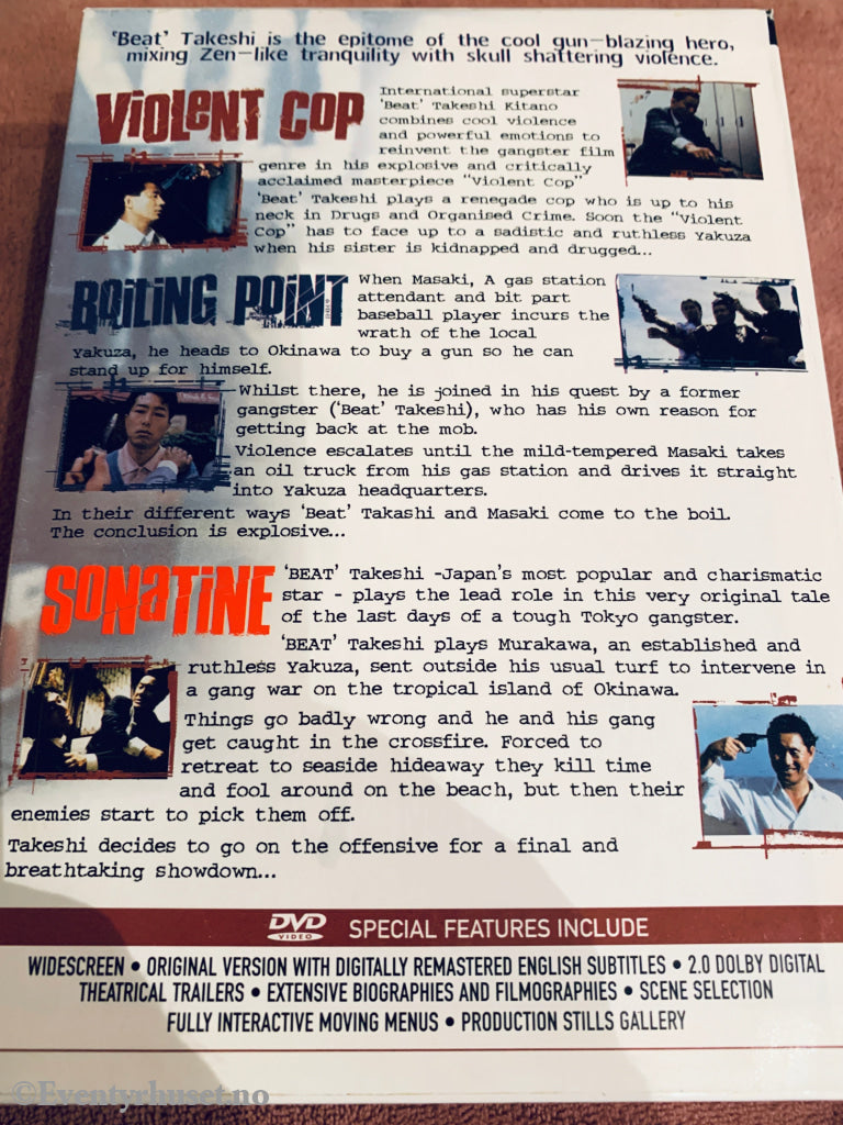 The 'Beat' Takeshi Trilogy: Violent Cop (1989), Boiling Point (1990), Sonatine (1993). DVD samleboks.