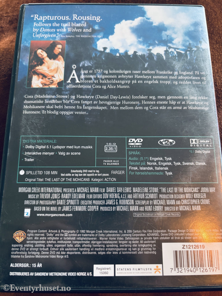The Last of the Mohicans (1992). DVD.