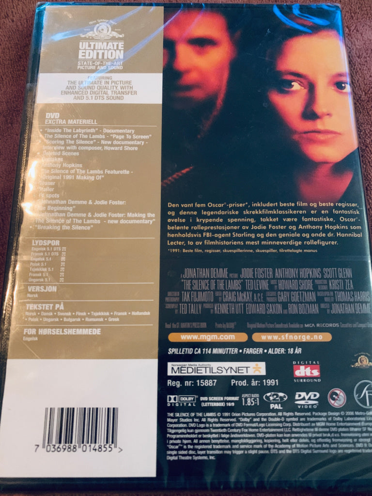 The Silence Of The Lambs (Nattsvermeren). 1991. DVD ny i plast. DVD