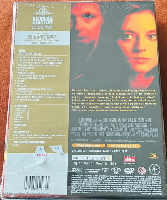 The Silence Of Lambs (Nattsvermeren). 1991. Dvd Slipcase Ny I Plast.