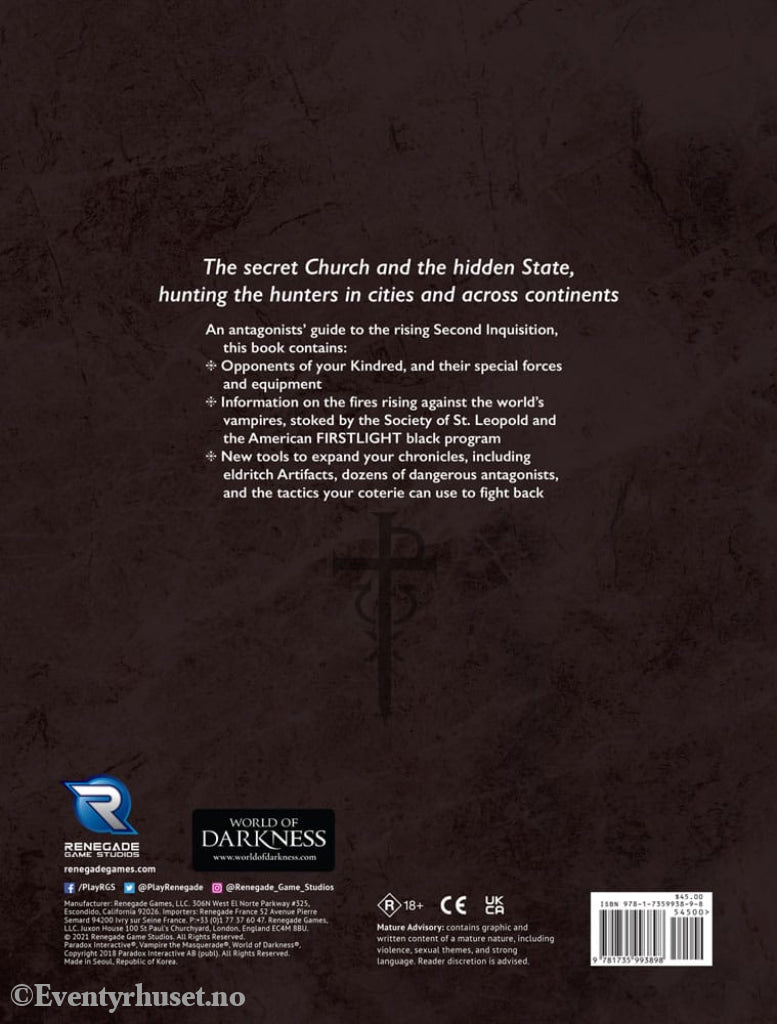 Vampire: The Masquerade 5th Edition RPG book Second Inquisition *Englische Version* Games
