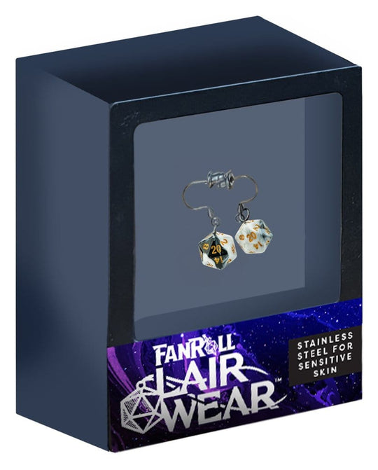 Lair Wear Dice Earrings D20 Marble Black & White with Gold