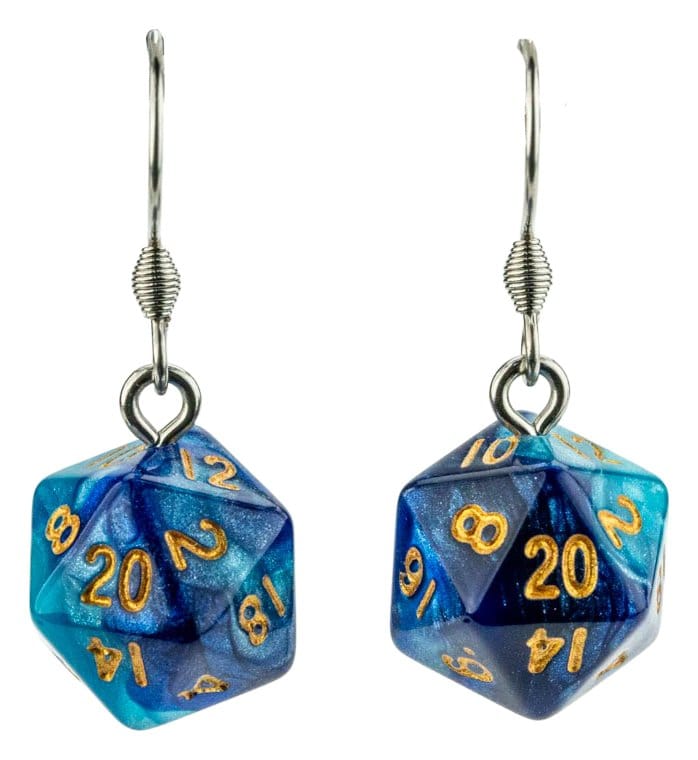 Lair Wear Dice Earrings D20 Blue & Light Blue with Gold