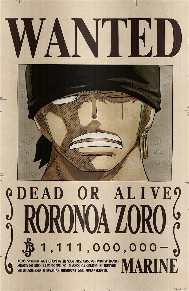 One Piece 3D Poster Wanted Roronoa Zoro 38 x 58 cm