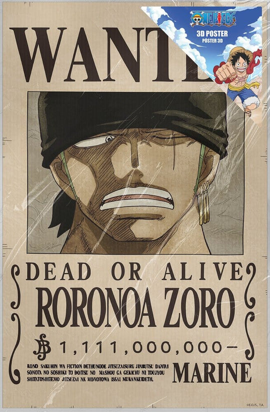 One Piece 3D Poster Wanted Roronoa Zoro 38 x 58 cm